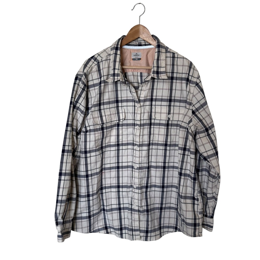 Ridgecut Toughwear Plaid Shirt Women 3X Cream Navy Pink Euc Stretch Flannel
